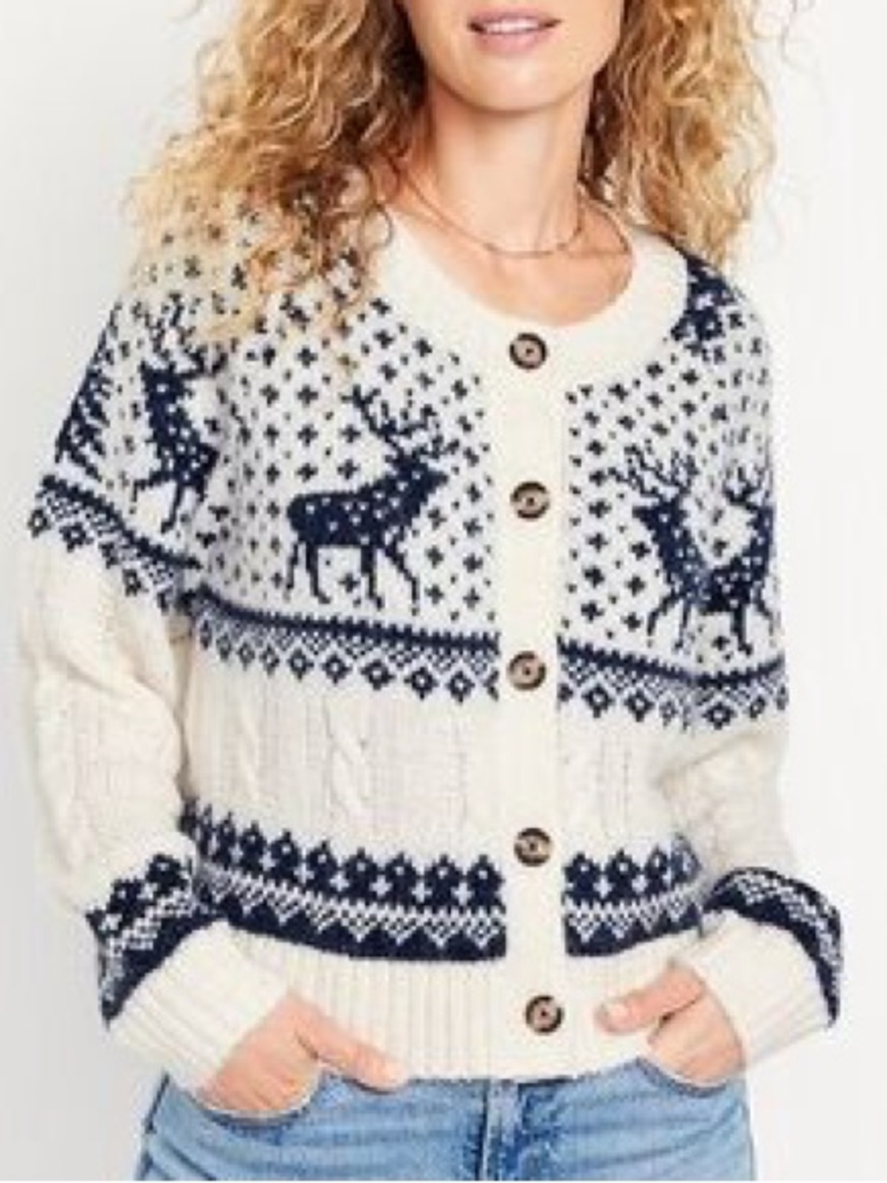 Old Navy Blue Fair Isle Button Front Nordic Reindeer Cardigan Holiday Classic